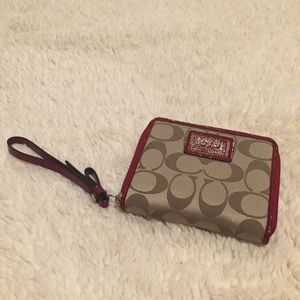 Coach Poppy Signature Tan Red Wallet Wristlet